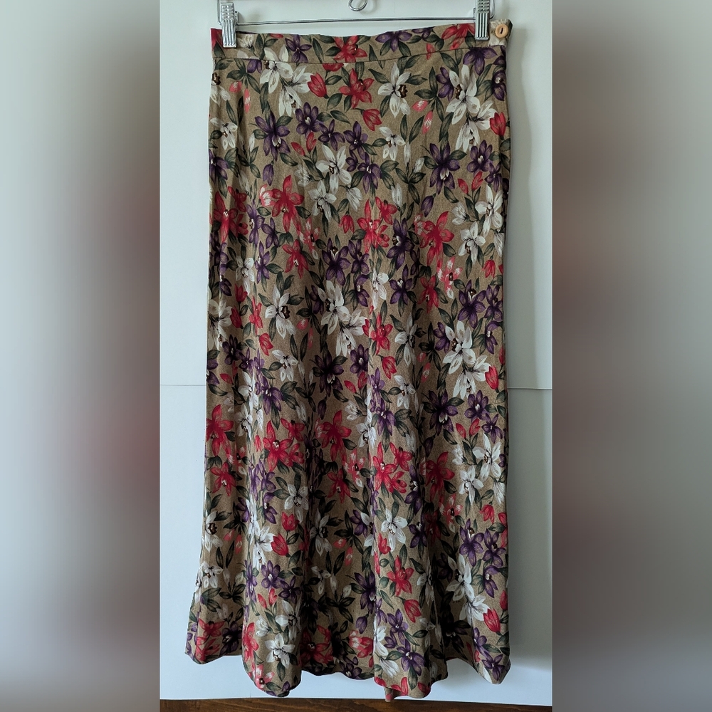 Vintage 100% Silk August Silk Tan & Floral Maxi A-Line Skirt